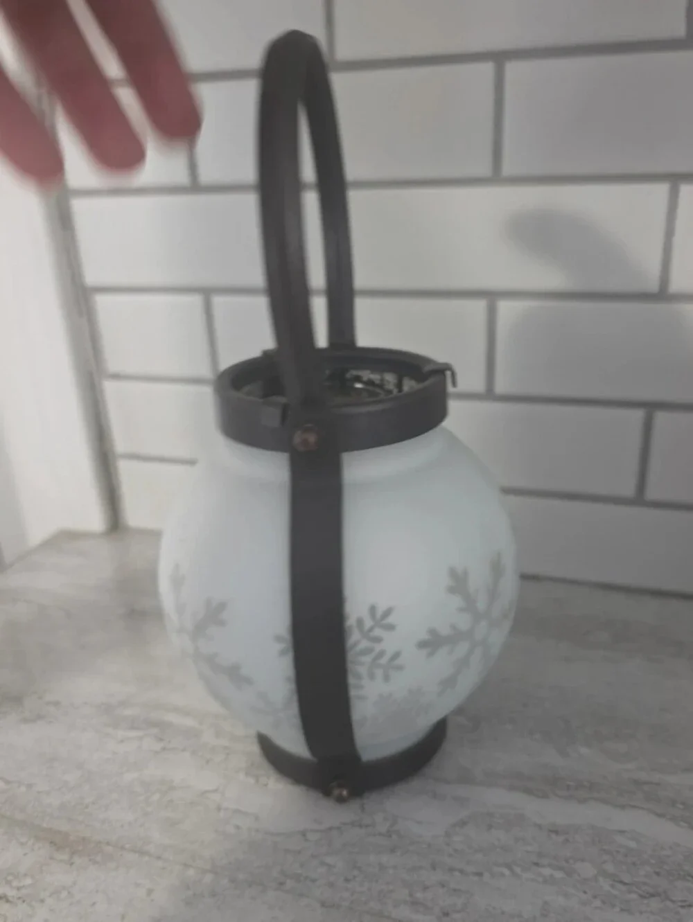 Bath And Body Works White Snowflake Glass Lantern with Black Metal Handle